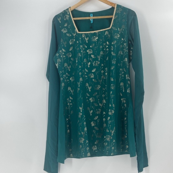Janasya 2 Peice set teal green tunic & flare bell bottoms gold metallic florals - Picture 16 of 16